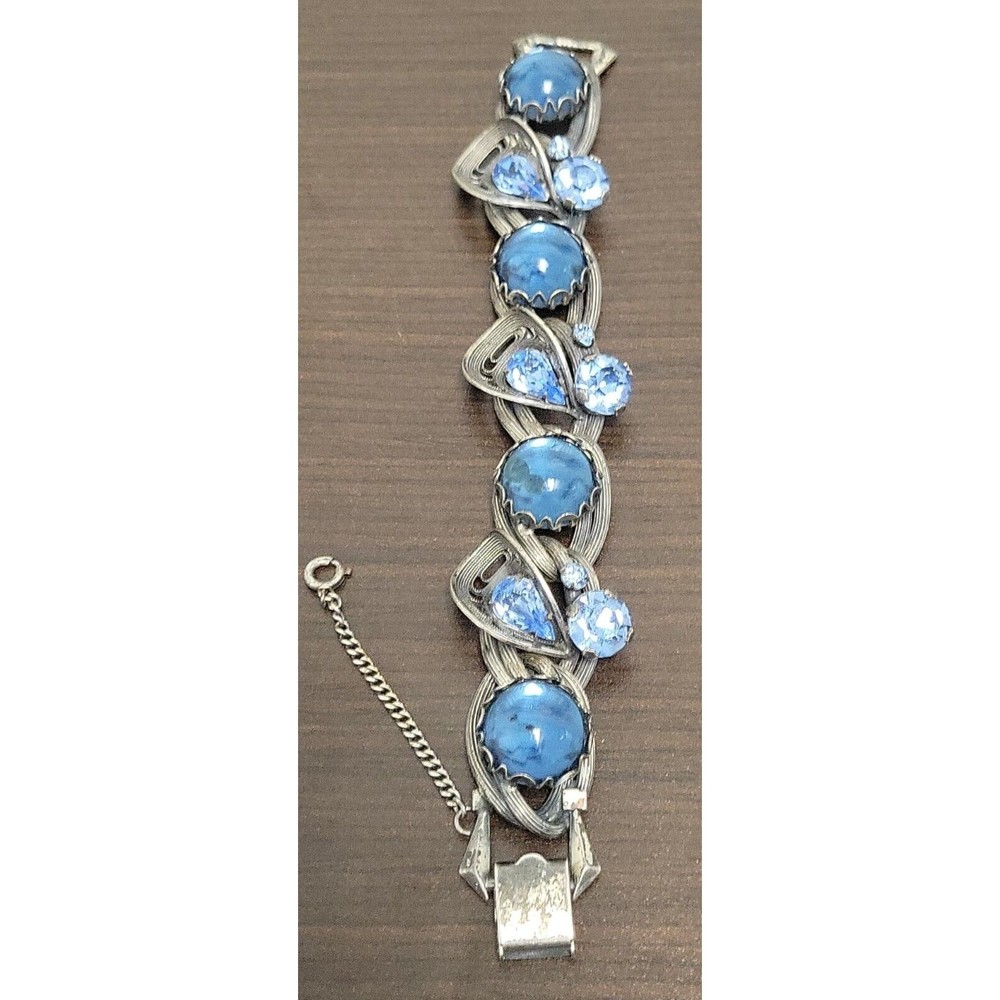 Vintage Blue Rhinestone Glass Cabochon Silver Tone Bracelet w Safety Chain